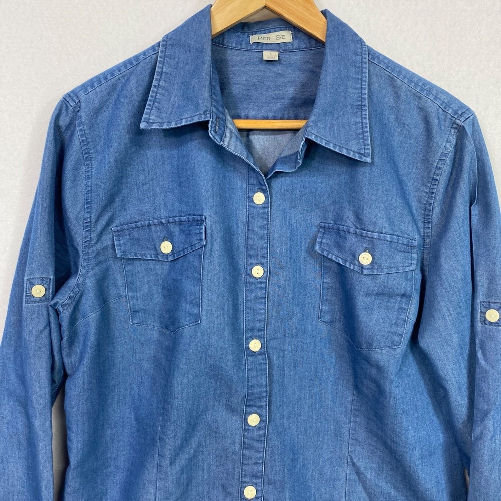 Per Se Women L Button Up Shirt Blue Chambray Roll Tab Sleeve Western Denim
